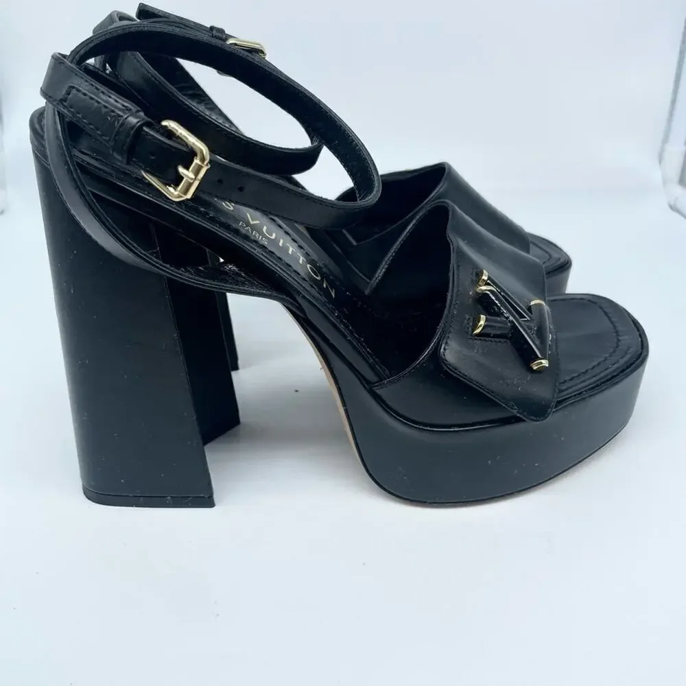 Louis Vuitton Black Leather LV logo embellished Shake Platform sandals EU 38